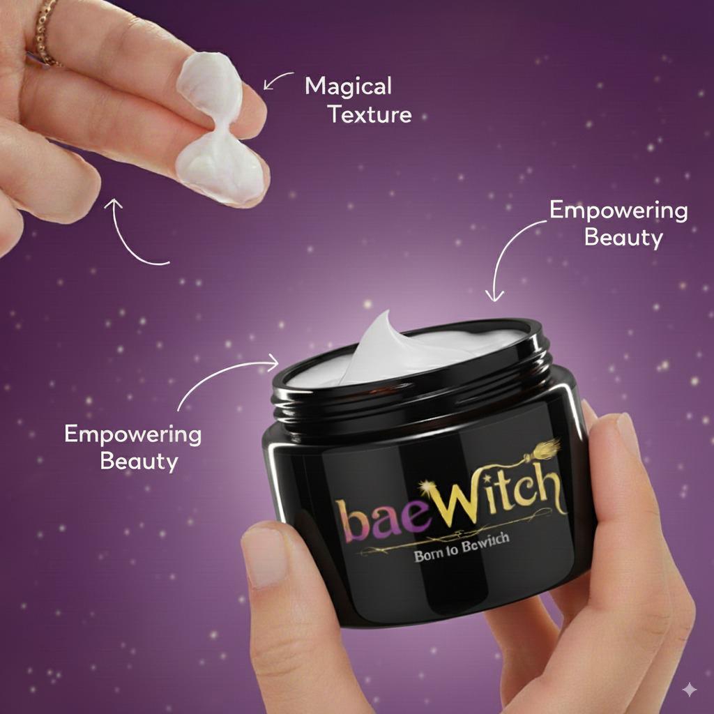 Baewitch Jar of baeWitch cream with hand holding a sample against a purple background