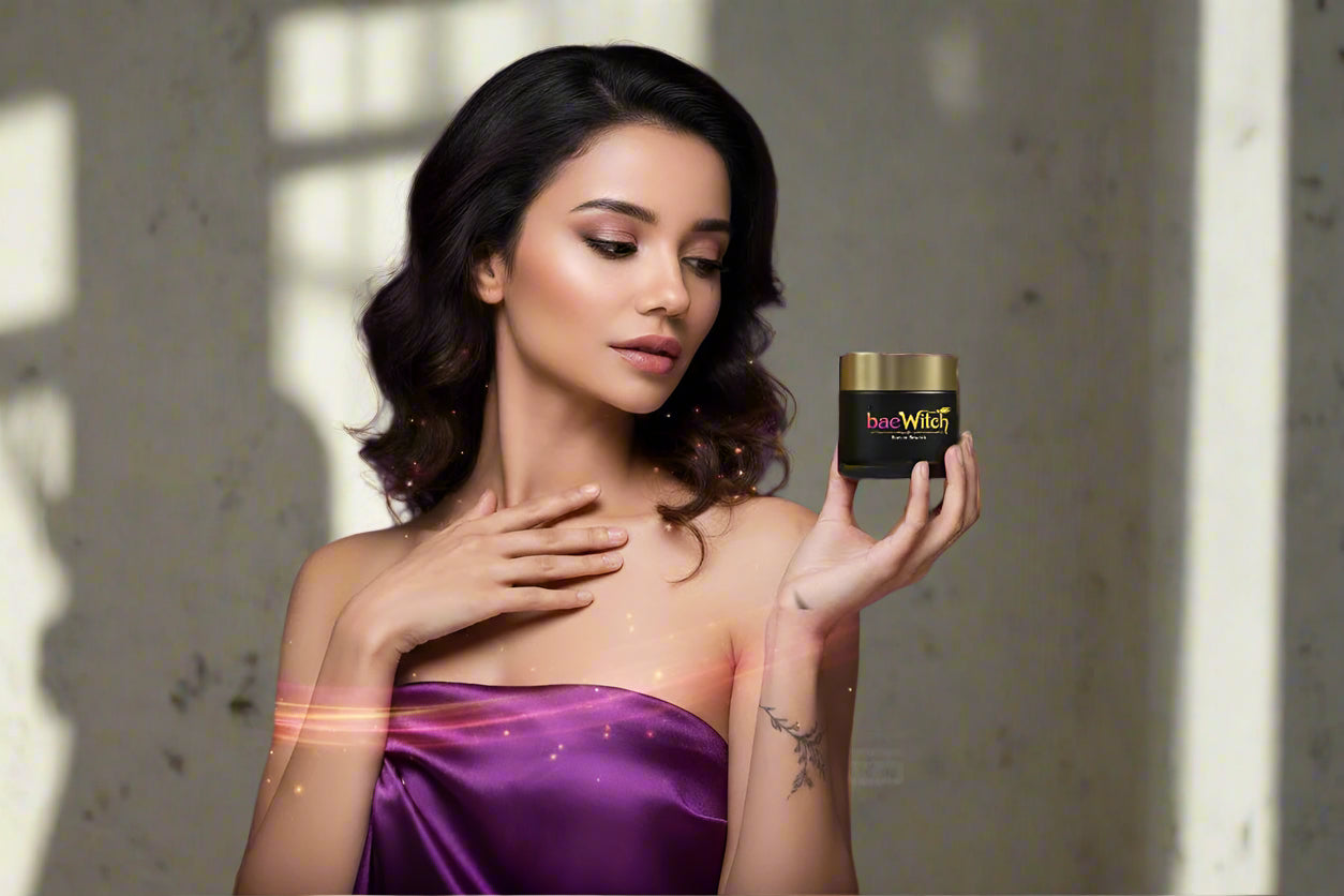 Woman holding a jar of Bae Witch Moisturizer Gel based with a neutral background