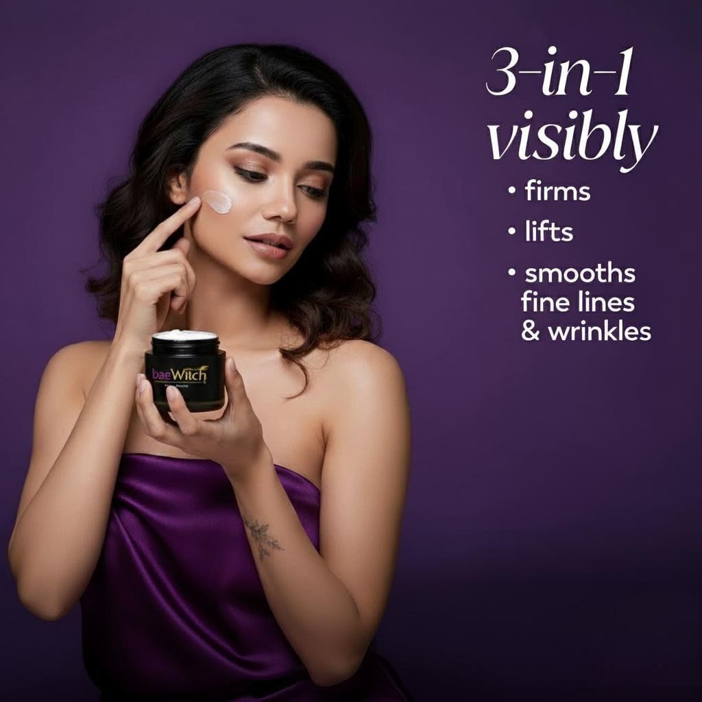 Woman applying baeWitch moisturising cream to her face with a purple background and product details.
